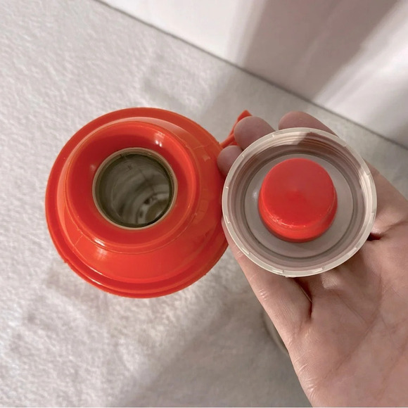 Vintage 1970s  MCM Thermos Brand Orange Plastic Glass Vacuum Insulated Bottle - Picture 10 of 13